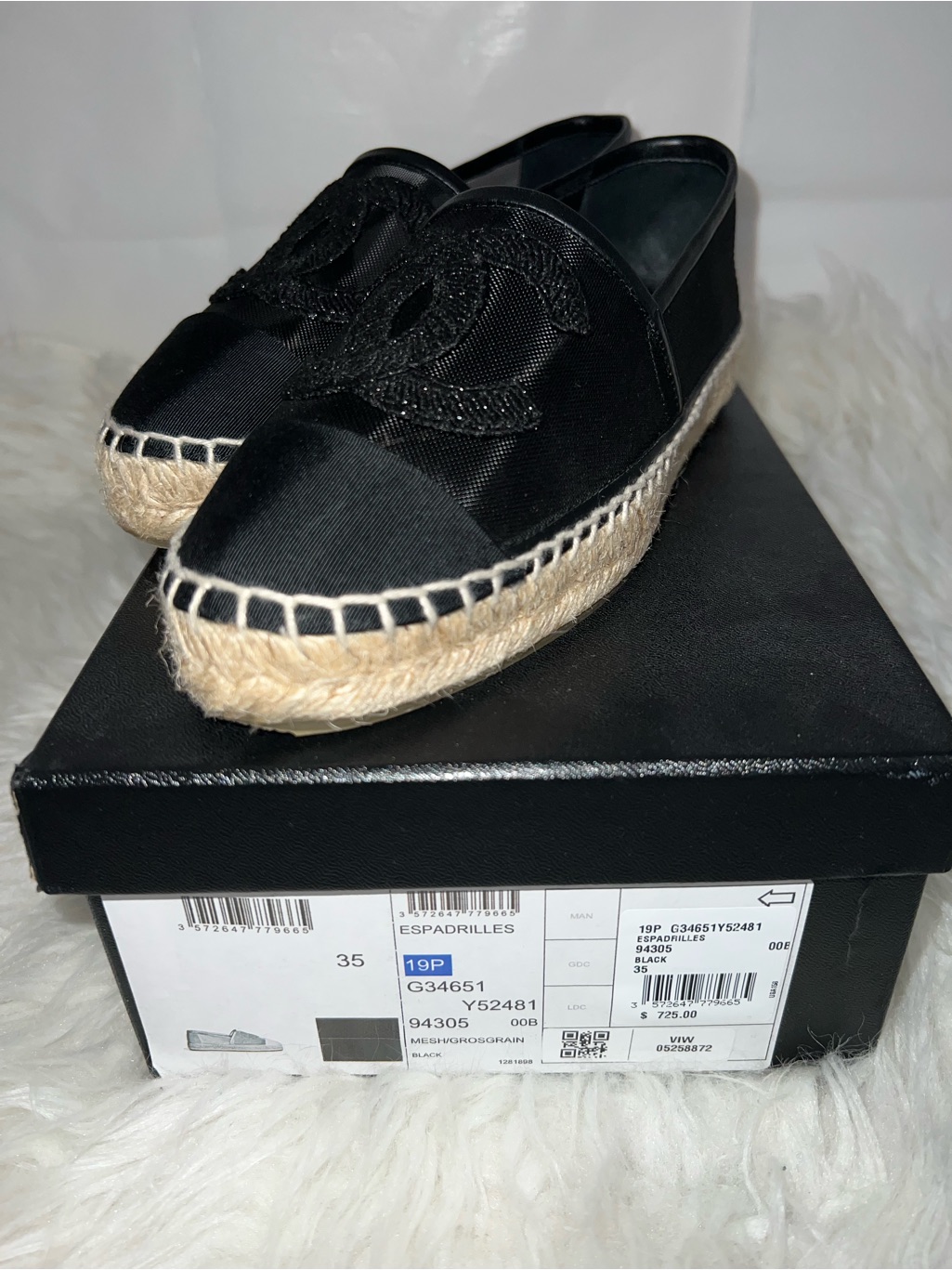 Chanel Black Mesh Espadrille Slip-Ons With Embroidered Cc
